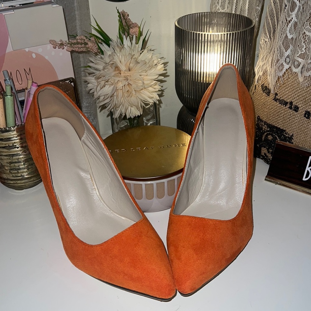 Orange fauxe suede 4” heels